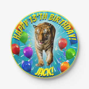 Plato De Papel Cumpleaños del globo del tigre de Funy