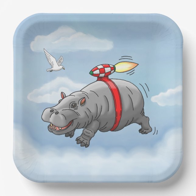 Plato De Papel Cumpleaños del Hipopótamo Cohete (Anverso)