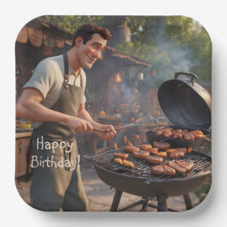 Plato De Papel Cumpleaños del Hombre de la Barbacoa