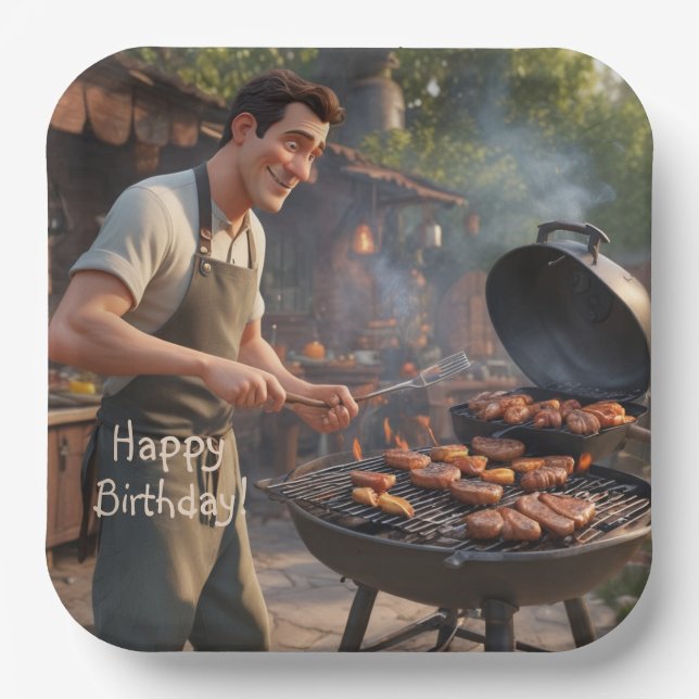 Plato De Papel Cumpleaños del Hombre de la Barbacoa (Anverso)