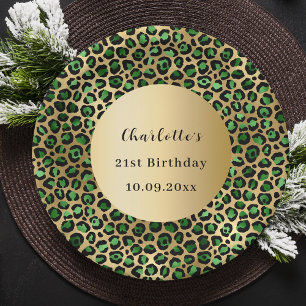 Plato De Papel Cumpleaños del leopardo de oro verde esmeralda