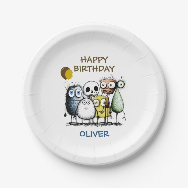 Plato De Papel Cumpleaños del Monstruo Infantil (Anverso)