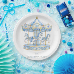 Plato De Papel Cumpleaños del niño 1er. Carousel azul acuarela