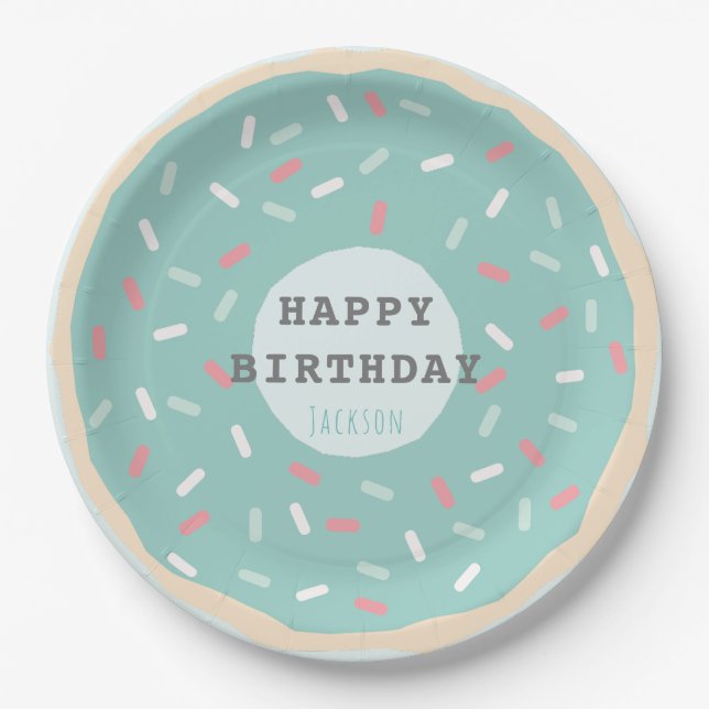 Plato De Papel Cumpleaños del niño Donut Green de la Casa de la M (Anverso)