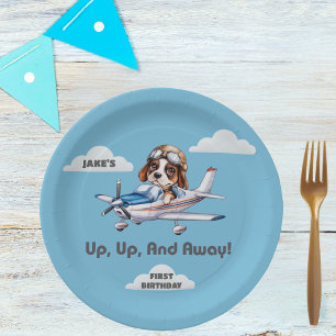 Plato De Papel Cumpleaños del niño piloto con perro lindo volando