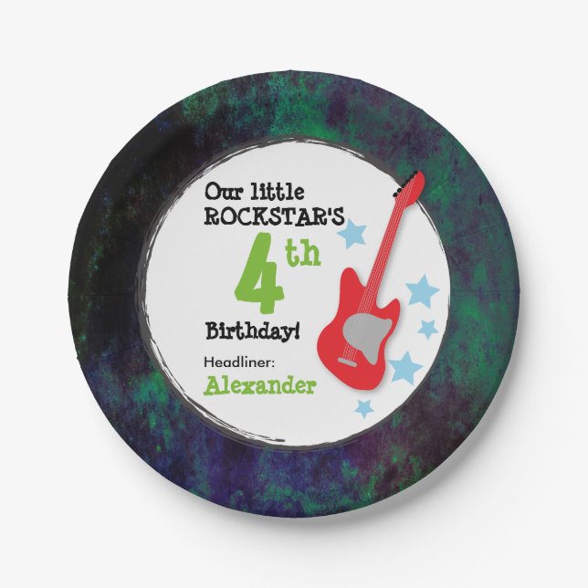 Plato De Papel Cumpleaños del niño Rockstar con guitarra roja (Anverso)