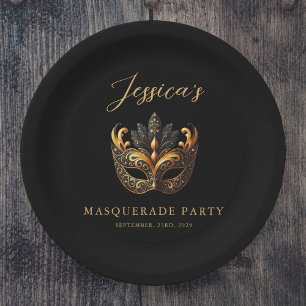 Plato De Papel Cumpleaños del oro negro de la mascarada