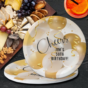 Plato De Papel Cumpleaños del oro y los globos blancos