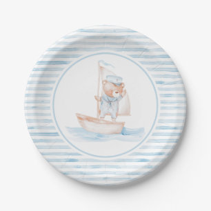 Plato De Papel Cumpleaños del Oso Marinero de Raya Azul