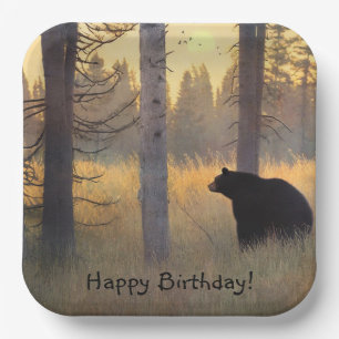 Plato De Papel Cumpleaños del oso negro escénico