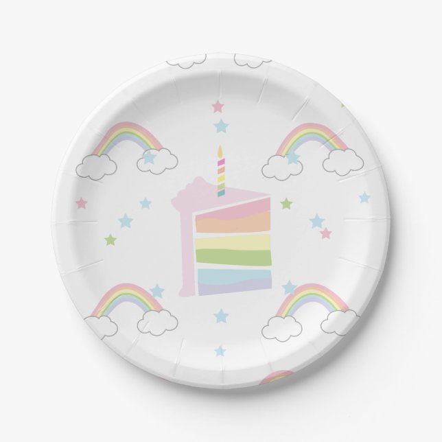Plato De Papel Cumpleaños del pastel de arcoiris (Anverso)