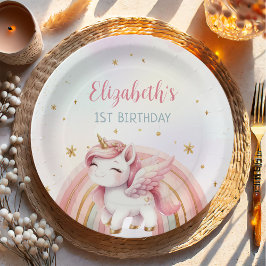 Plato De Papel Cumpleaños del Pastel de Oro Rosa de Unicornio