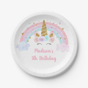 Plato De Papel Cumpleaños del Pastel de Oro Rosa Unicornio
