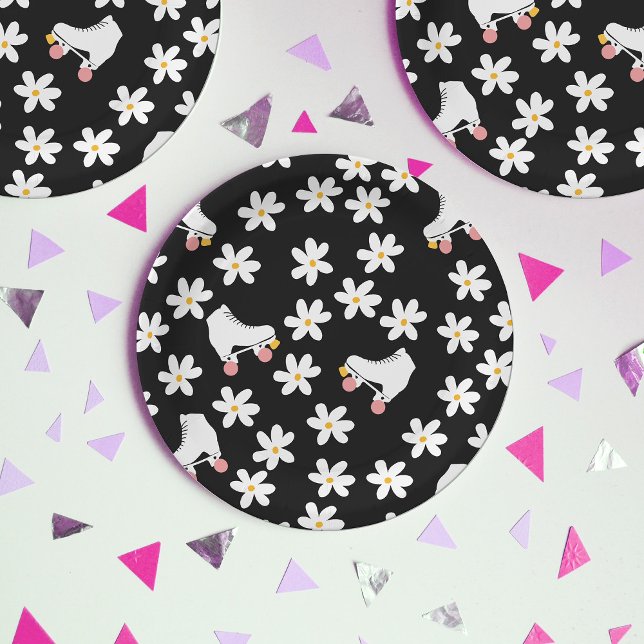 Plato De Papel Cumpleaños Del Patinador Floral Negro Y Rosa (Subido por el creador)