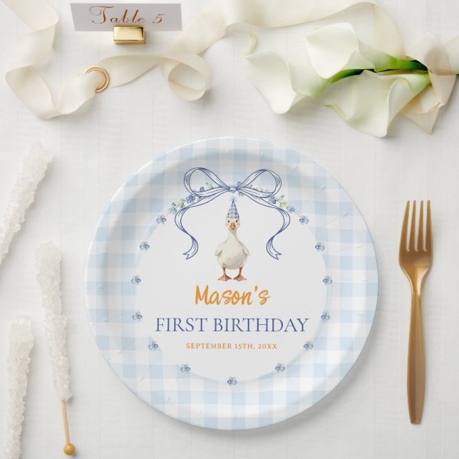 Plato De Papel Cumpleaños del patito de gingham azul niño (Boda)