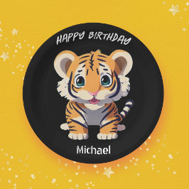 Plato De Papel Cumpleaños del pequeño tigre personalizado