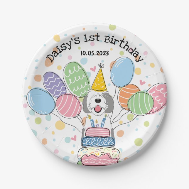 Plato De Papel Cumpleaños del perro de Sheepadoodle Gris y Blanco (Anverso)