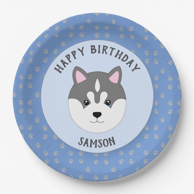 Plato De Papel Cumpleaños del perro Personalizado azul (Anverso)