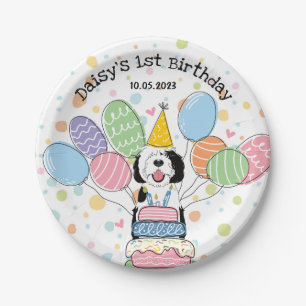 Plato De Papel Cumpleaños del perro Sheepadoodle Blanco y Negro