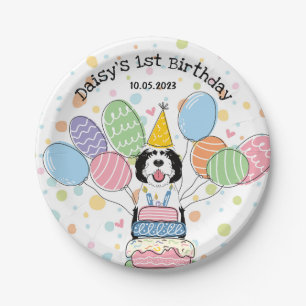 Plato De Papel Cumpleaños del perro Sheepadoodle Blanco y Negro