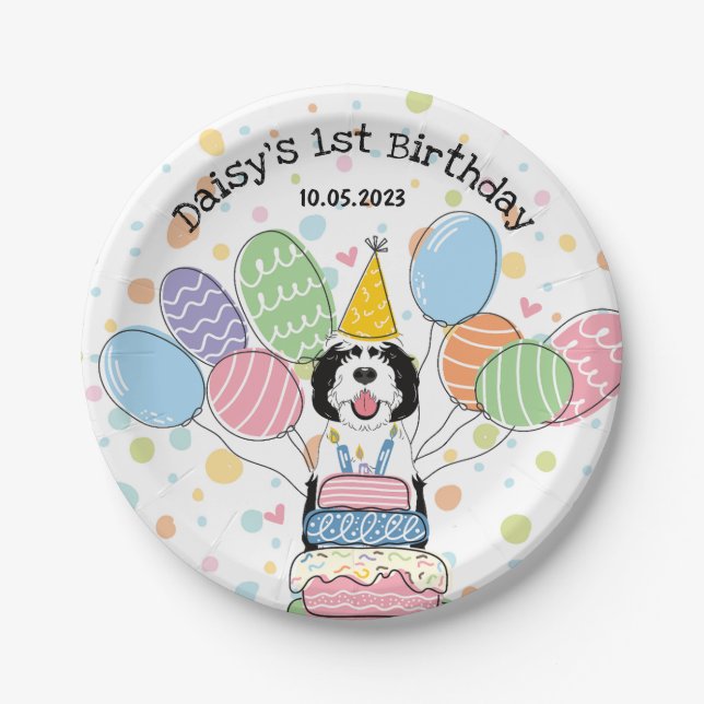 Plato De Papel Cumpleaños del perro Sheepadoodle Blanco y Negro (Anverso)