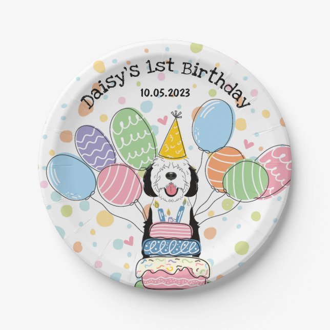 Plato De Papel Cumpleaños del perro Sheepadoodle Blanco y Negro (Anverso)