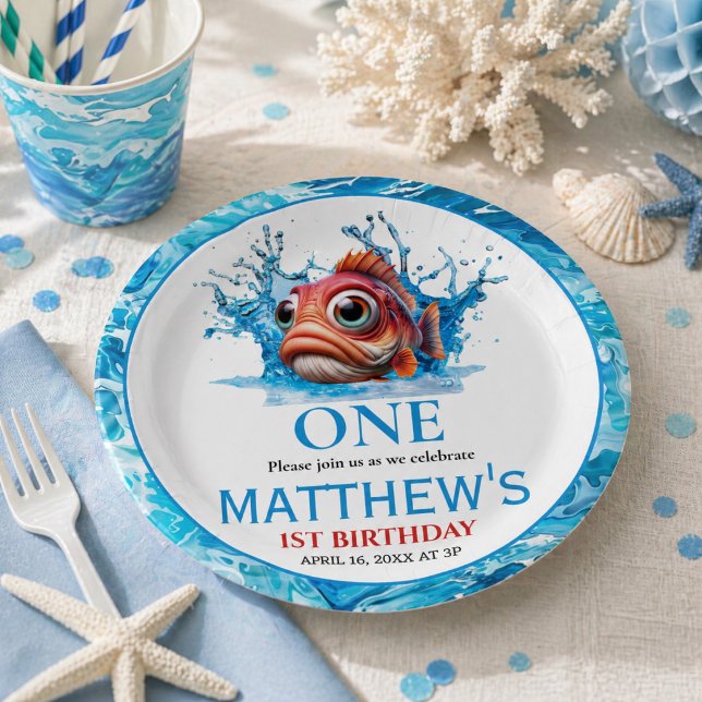 Plato De Papel Cumpleaños del Pez Azul Agua Lindo 1er (Cute Water Blue Fish 1st Birthday Paper Plates)