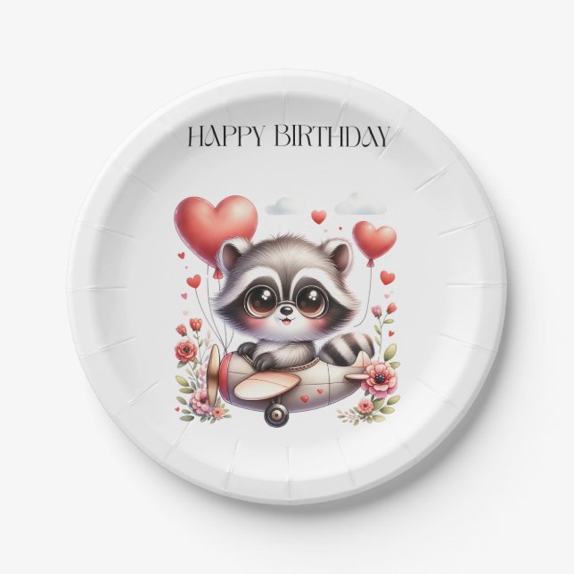 Plato De Papel Cumpleaños del piloto mapache (Anverso)