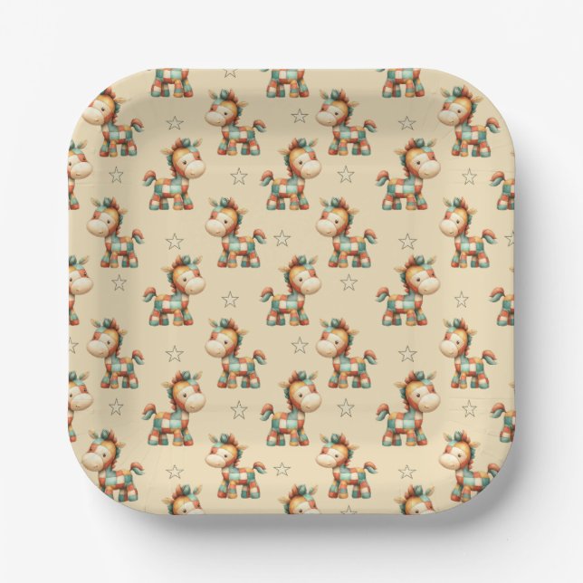 Plato De Papel Cumpleaños del Poni Parcheado Giddy-Up (Anverso)