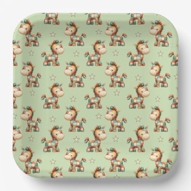 Plato De Papel Cumpleaños del Poni Parcheado Giddy-Up (Anverso)