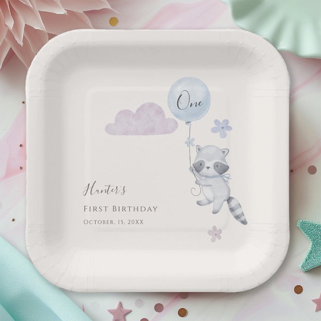 Plato De Papel Cumpleaños del primer año de niño con globo volado (Subido por el creador)