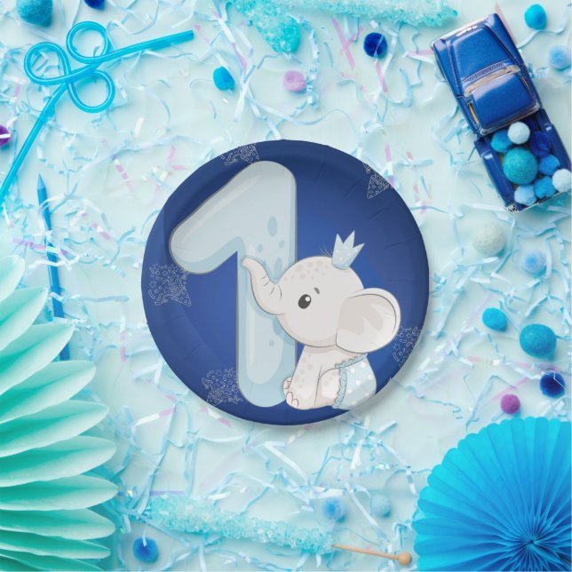 Plato De Papel Cumpleaños del primer bebé elefante lindo (Fiesta)