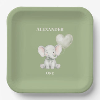 Plato De Papel Cumpleaños del primer elefante verde salvia con no