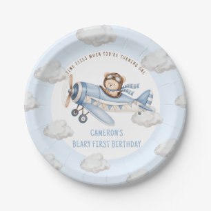 Plato De Papel Cumpleaños del primer osito de peluche en avión