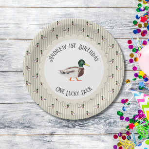 Plato De Papel Cumpleaños del primer pato Mallard afortunado