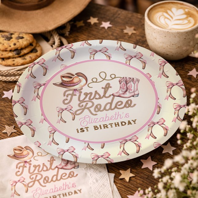 Plato De Papel Cumpleaños del Primer Rodeo Occidental Rosa (Pink Western First Rodeo Birthday Paper Plates)