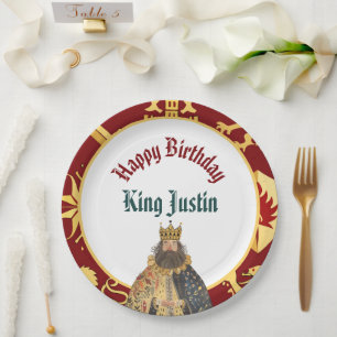 Plato De Papel Cumpleaños del Rey Medieval Carmesí y Dorado