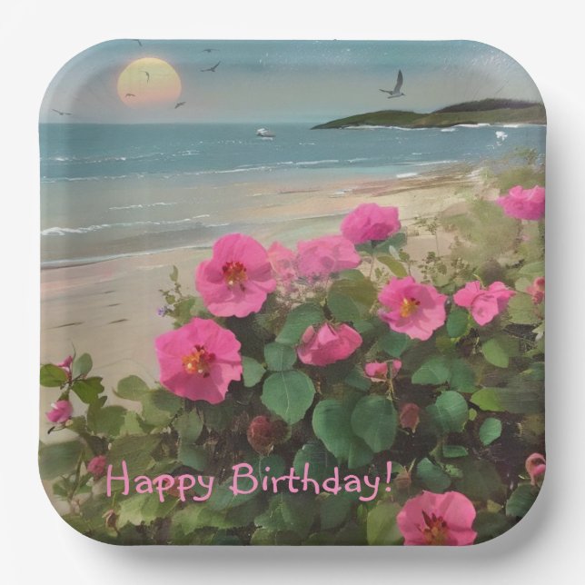 Plato De Papel Cumpleaños del Rosa salvaje de la costa (Anverso)