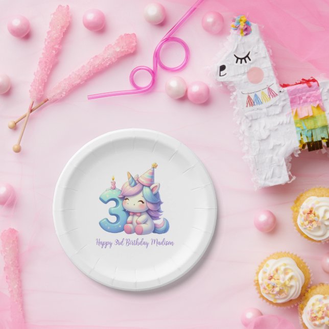 Plato De Papel Cumpleaños del tercer Chica de Unicornio personali (Fiesta)
