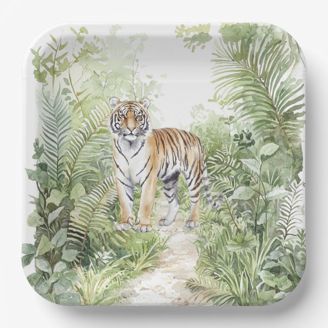 Plato De Papel Cumpleaños del tigre de la selva (Anverso)