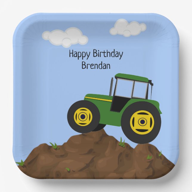 Plato De Papel Cumpleaños del Tractor Verde Personalizado (Anverso)