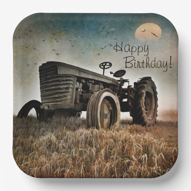 Plato De Papel Cumpleaños del Tractor Viejo (Anverso)