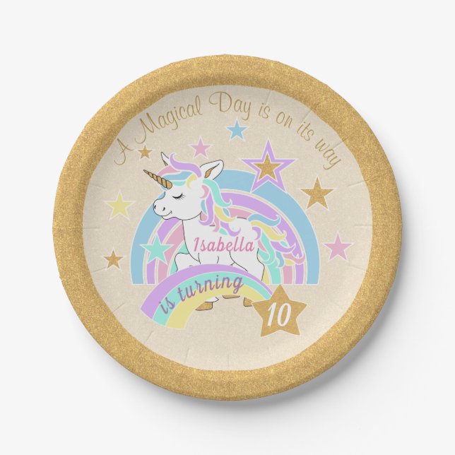 Plato De Papel Cumpleaños del Unicornio Mágico (Anverso)