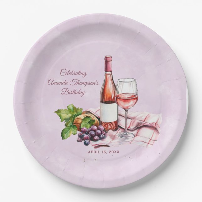 Plato De Papel Cumpleaños del Vino Rosa (Anverso)