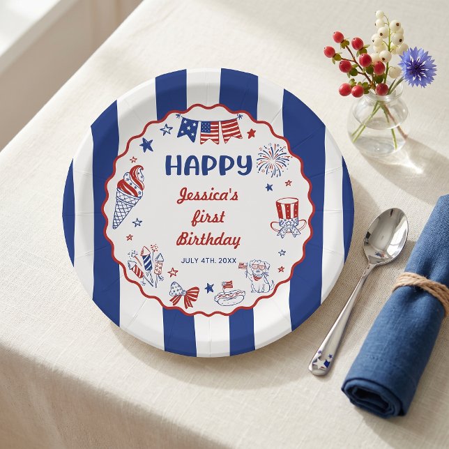 Plato De Papel Cumpleaños Dibujado a Mano con Tema del 4 de Julio (Subido por el creador)
