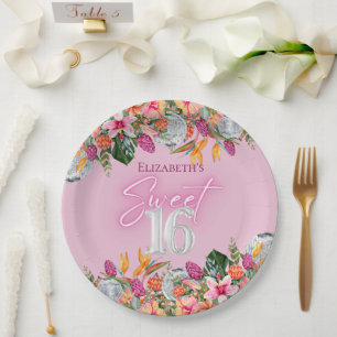 Plato De Papel Cumpleaños Disco de Flores Tropicales Coloridas Sw