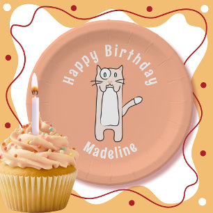 Plato De Papel Cumpleaños Divertido Personalizado con Gato Kawaii