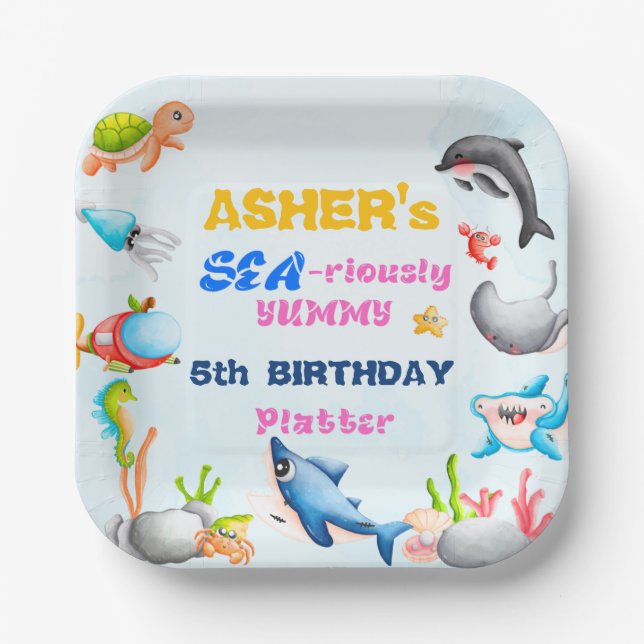 Plato De Papel Cumpleaños divertido protector del océano bajo el  (Anverso)
