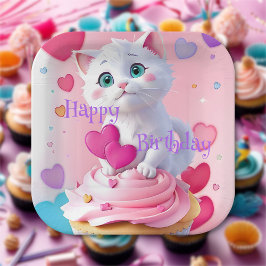 Plato De Papel Cumpleaños divertido y femenino con gatito blanco 