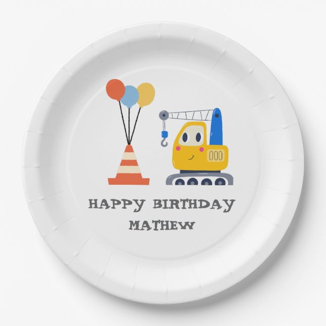 Plato De Papel Cumpleaños divertido y lindo de construcción  (Anverso)